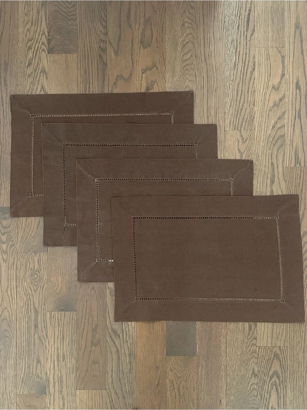 Set of 4 Vintage Rectangular Linen Blend Hemstitch Placemats in Brown 20